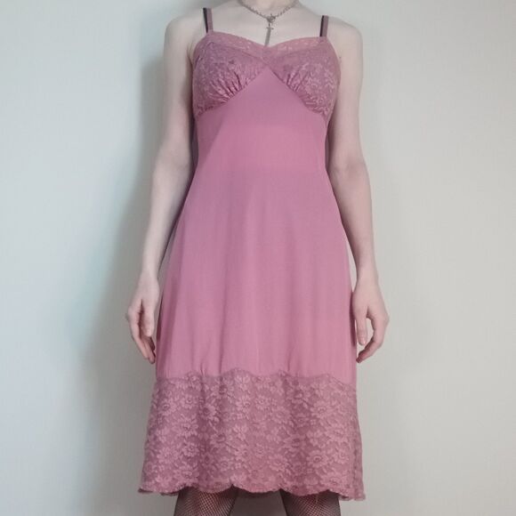 Repaired Upcycled Vintage Mauve / Dusty Pink Lacy Slip Dress - Picture 1 of 16